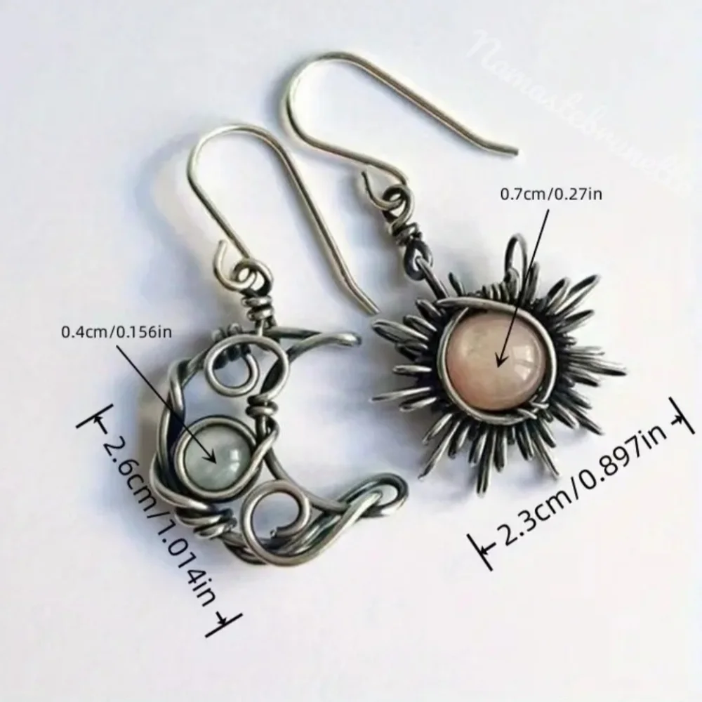 Sun & Moon Silver Wire Wrapped Stone Dangle Drop Earrings